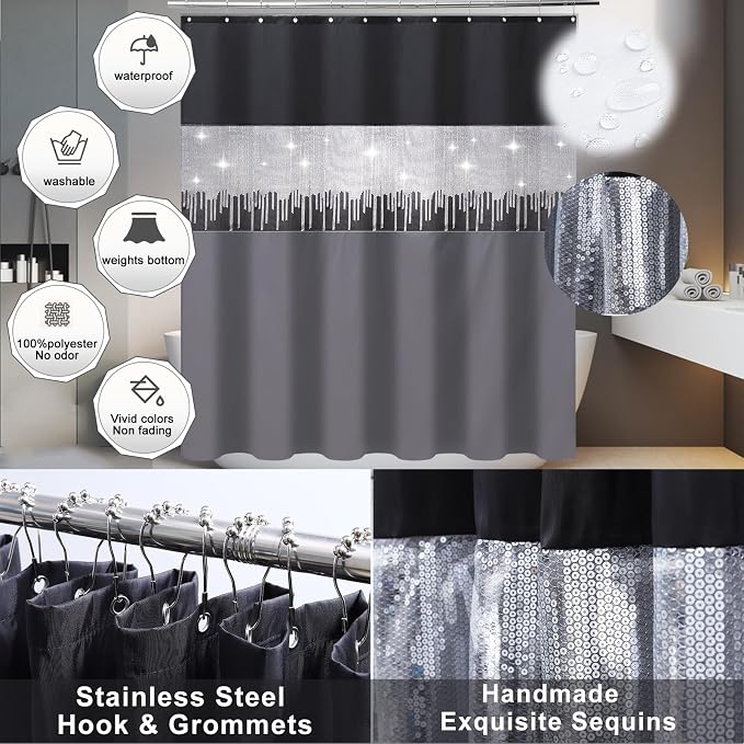 Bathroom Accessories Set with Glitter Shower Curtain and Bath Mats, 24 Piece - Image 3