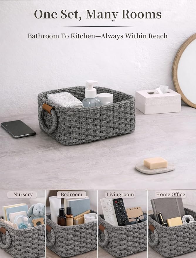 Storage Basket, Recycled Paper Rope Bathroom Basket Organizer, Mini wicker - Image 6
