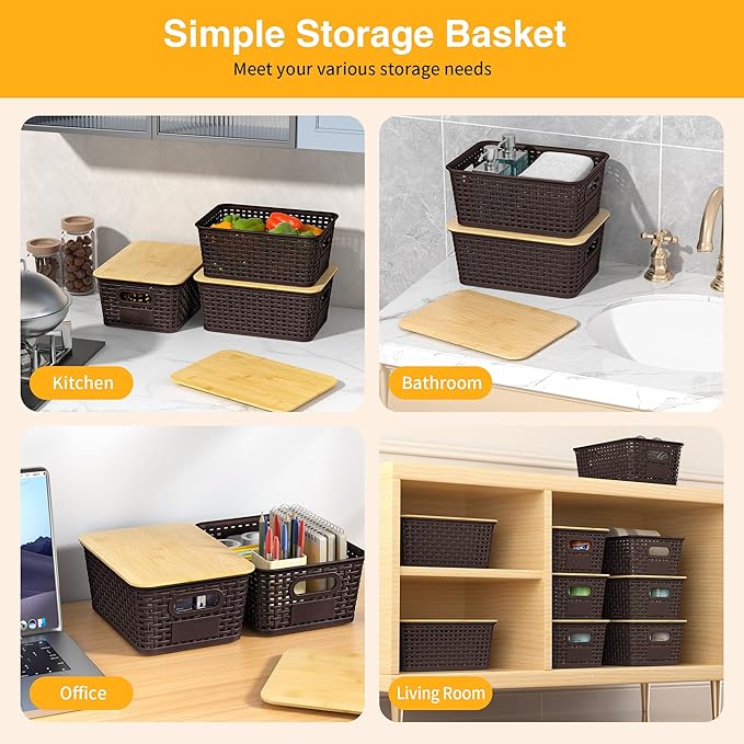 Plastic Storage Baskets with Bamboo Lids and Labels, Stackable Storage - Image 4