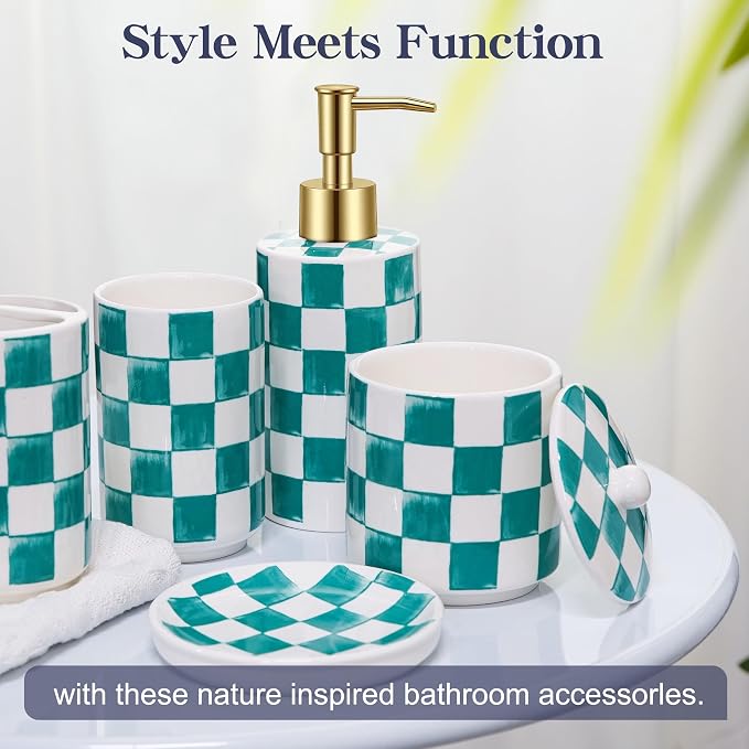 Ceramic Bathroom Soap Dispenser Set, Checkered Bathroom Vanity Set - Image 3