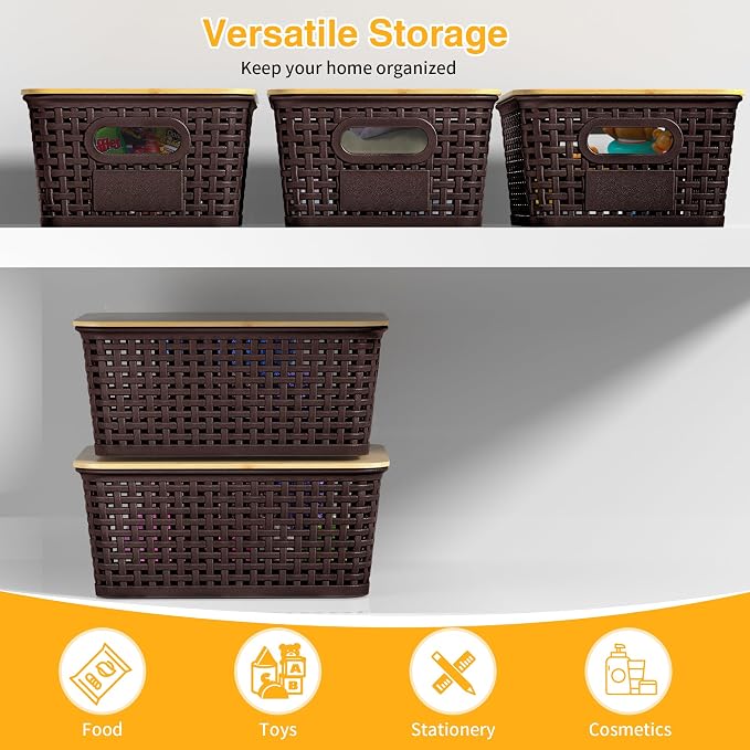Plastic Storage Baskets with Bamboo Lids and Labels, Stackable Storage - Image 6