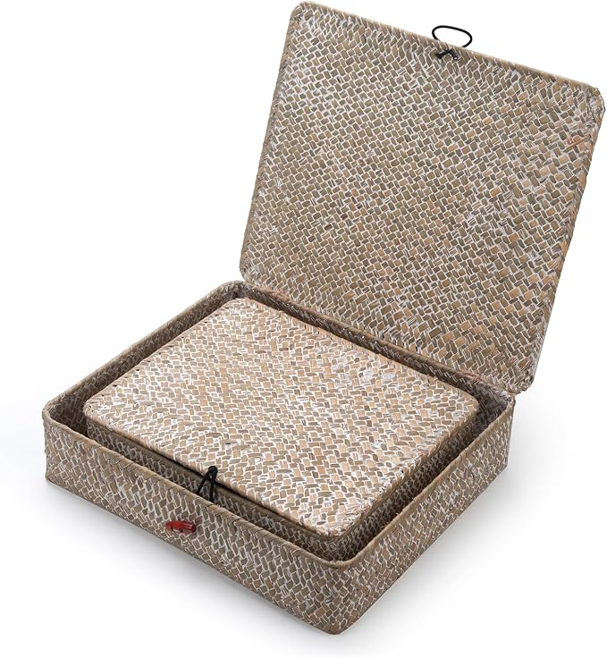Whitewash Seagrass Basket with Lid Rectangular Decorative Storage Boxes - Image 4