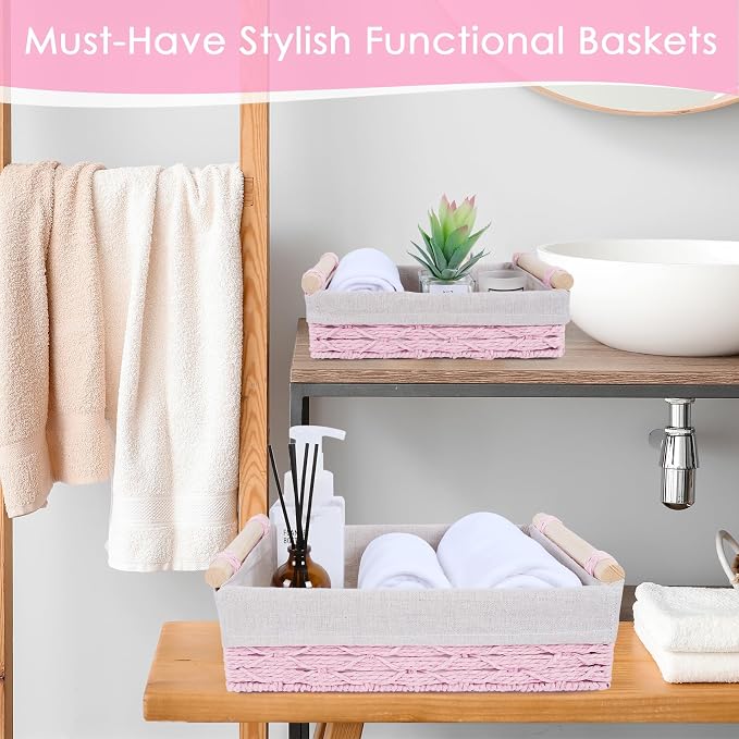 Wicker Storage Basket with Wooden Handle – Paper Rope Decorative Toilet Paper - Image 4