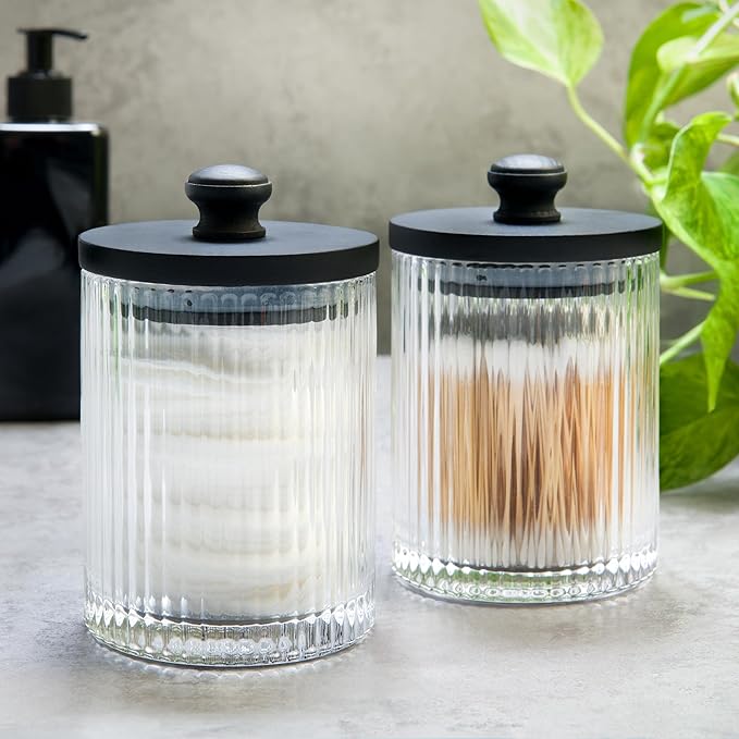 Mason & Fable Ribbed Glass Bathroom Jars | Set of 2 Farmhouse Style Storage - Image 5