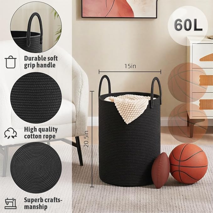 Laundry Basket, Woven Cotton Rope Laundry Hamper, 60L - Image 6