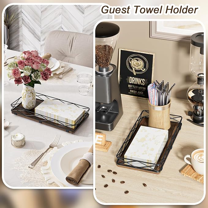 Toilet Paper Basket Holder, Wood and Metal Toilet Tray Vanity Organizer - Image 7