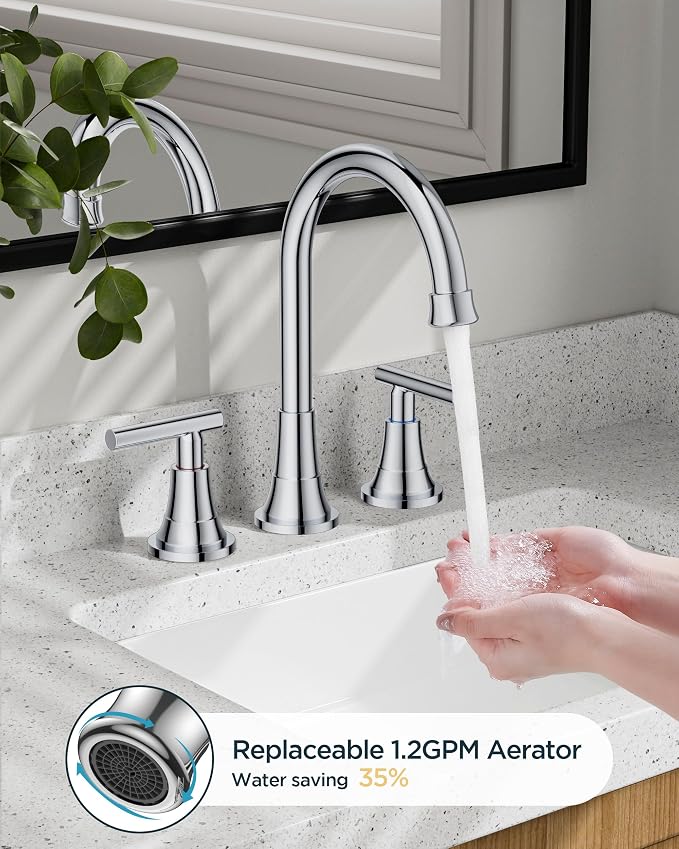 FORIOUS Chrome Bathroom Faucet Vanity 3 Holes, 8 Inch Widespread Polished - Image 2