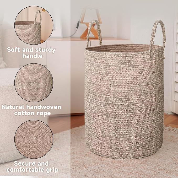 Large Woven Laundry Basket Hamper, 100L Cotton Rope Storage Bin - Image 6