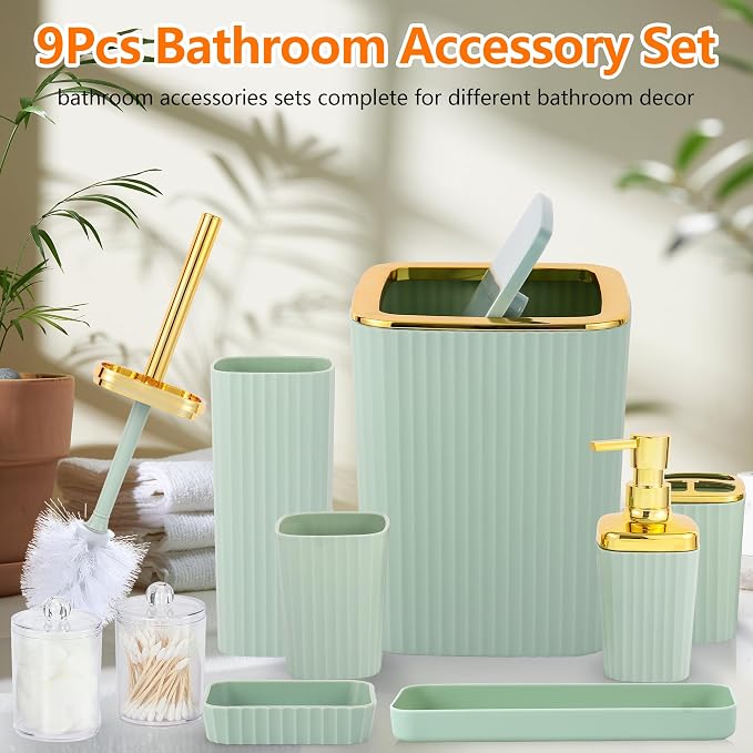 Bathroom Accessory Set, 9 Pieces Light Green Bathroom Accessories Set - Image 2