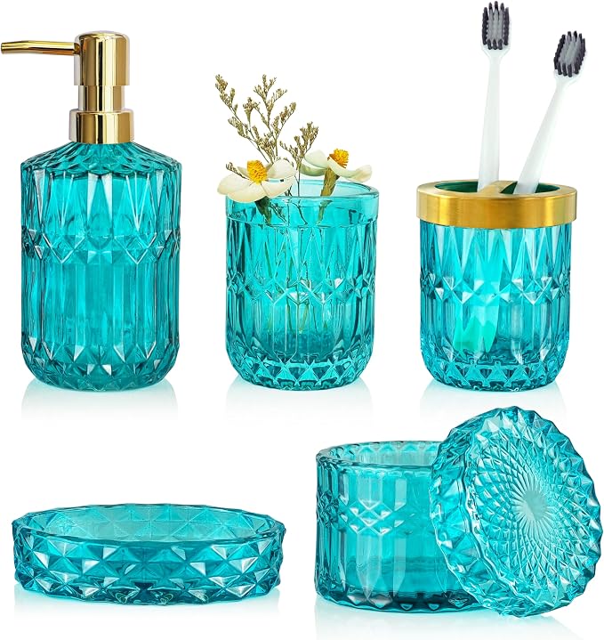 Teal Blue Bathroom Accessories Set, Hand Soap Dispenser Set, Soap Dish by LaMarriti