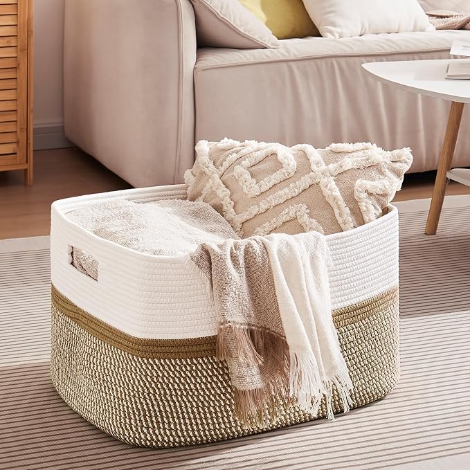 OIAHOMY Large Blanket Basket, 22”x17”x12” Rectangle Woven Baskets, Nursery - Image 4