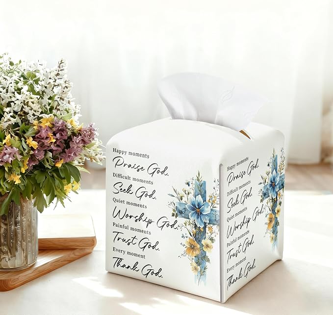 Cross Easter Tissue Box Cover, PU Leather Drawstring Bottom - Image 3