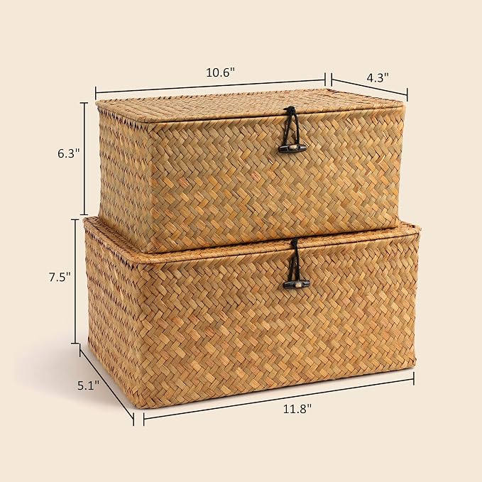 Nonam Storage Basket with Lid, Natural Seagrass Bin with Lid Set of 2, Shelf - Image 3
