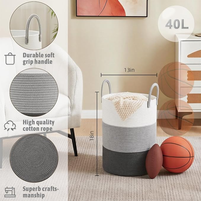 Laundry Basket, Woven Cotton Rope Laundry Hamper, 40L - Image 6