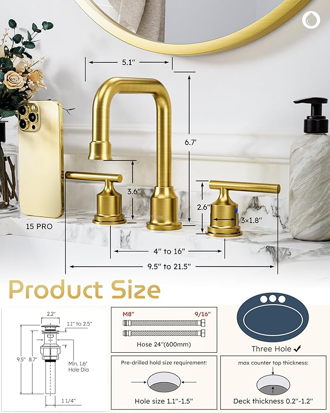 Brushed Gold Bathroom Faucet Set: WOWOW Widespread Bathroom Sink Faucet 3 Hole - Image 6