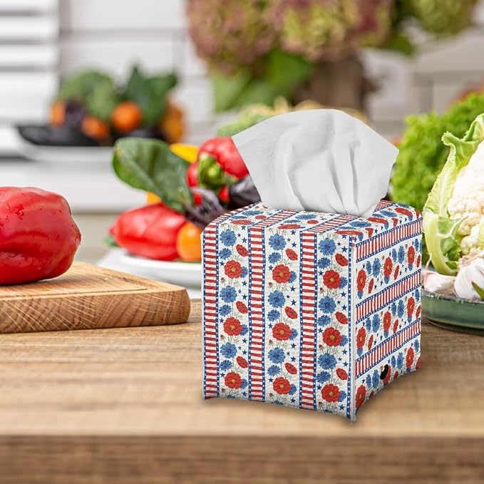 American Flower Tissue Box Holder Square PU Leather Tissue Organizer Case - Image 5