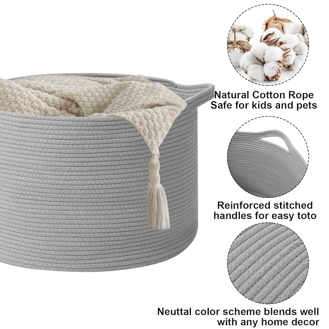 115L Large Blanket Basket, 23.6" L x 23.6" W x 15.7" H Rope Woven Baskets - Image 3