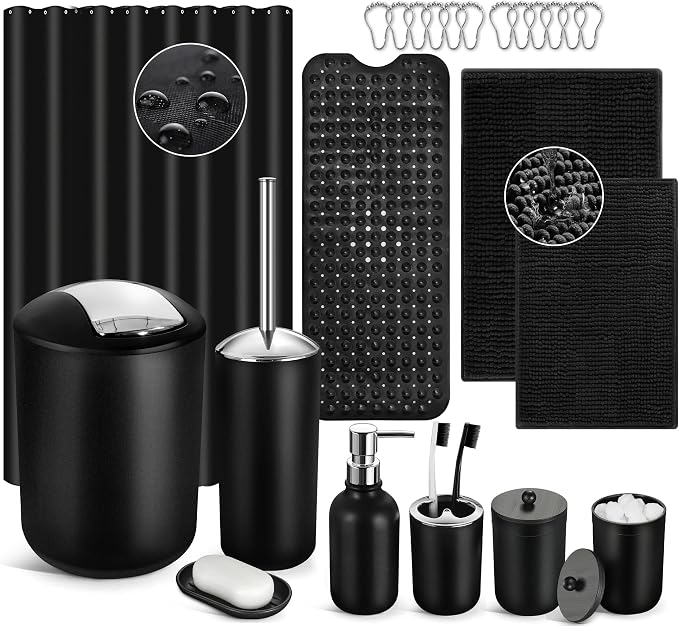Black Bathroom Accessories Set, Shower Curtain Set by ALPIRIRAL