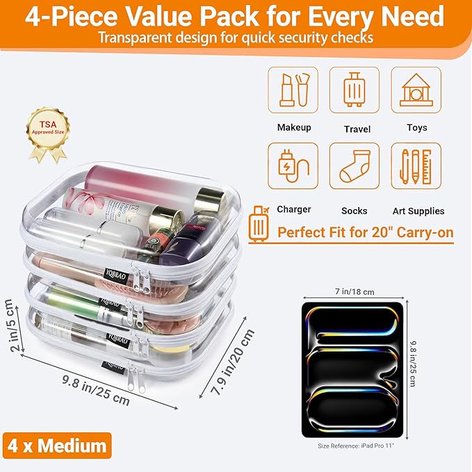 4 Pack Clear Hard Shell Zipper Case, See-Through Hard Plastic Organizer Pouches - Image 4