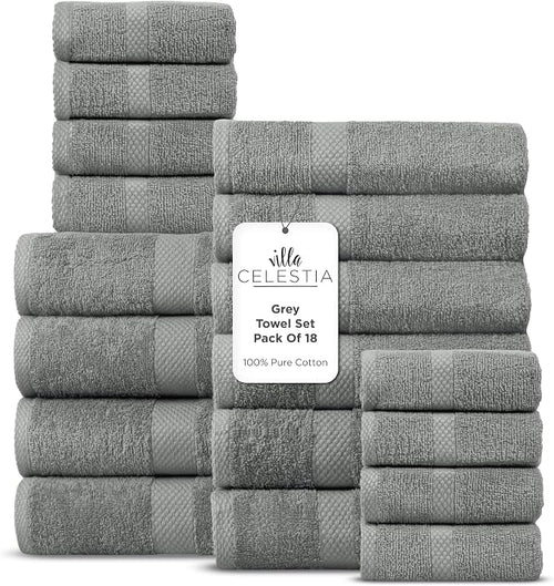 100% Cotton Bath Towel Set of 18-4 Bath Towels, 6 Hand Towels, 8 Wash Cloths by VillaCelestia