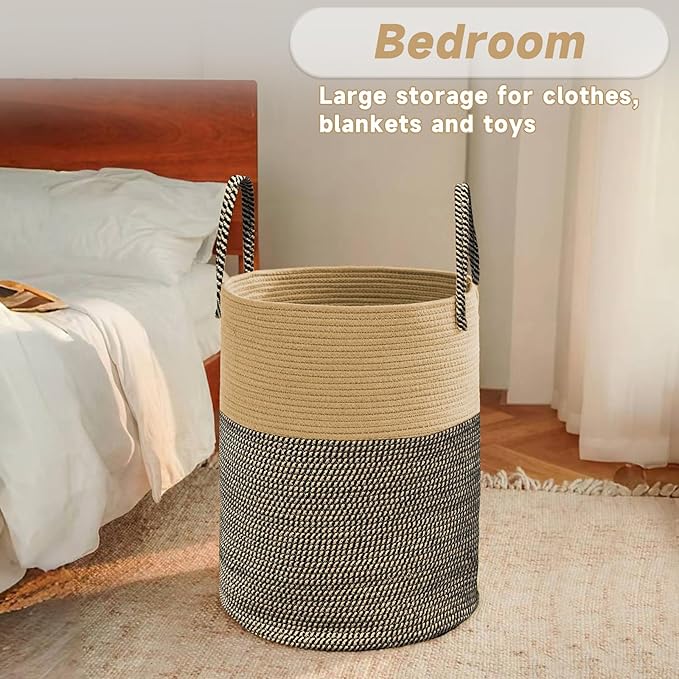 Large Woven Laundry Basket Hamper, 60L Cotton Rope Storage Bin - Image 4