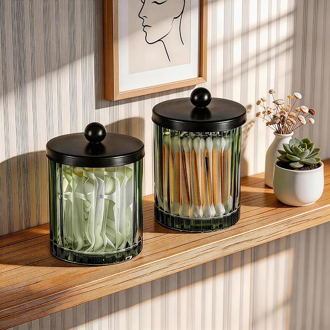 Amolliar Sage Green Glass Apothecary Jar, Qtip Holder Dispenser - Image 7