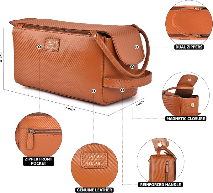 LEATHER VILLAGE Genuine Carbon Fiber Genuine Leather Travel Toiletry Bag - Image 3