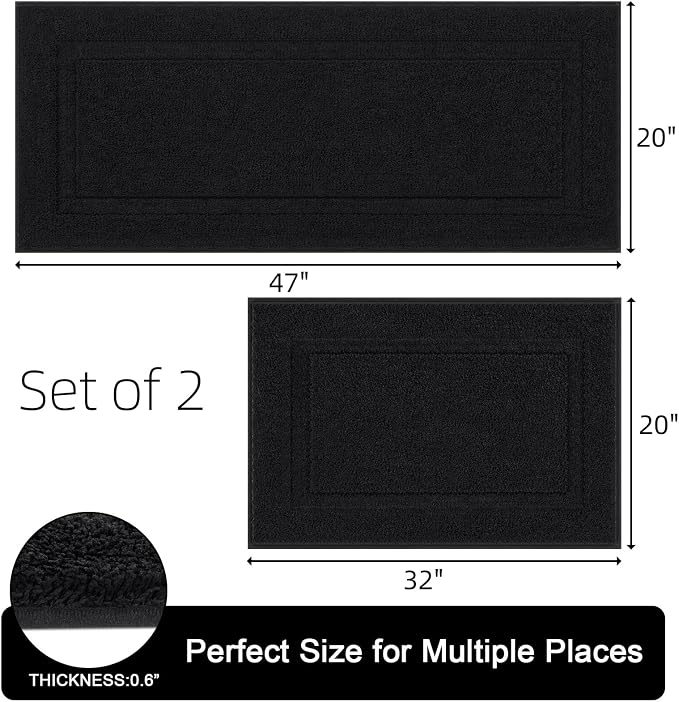SHACOS Super Soft Black Bathroom Runner Rugs Set of 2 Pieces 47x20 + 32x20 inch - Image 2