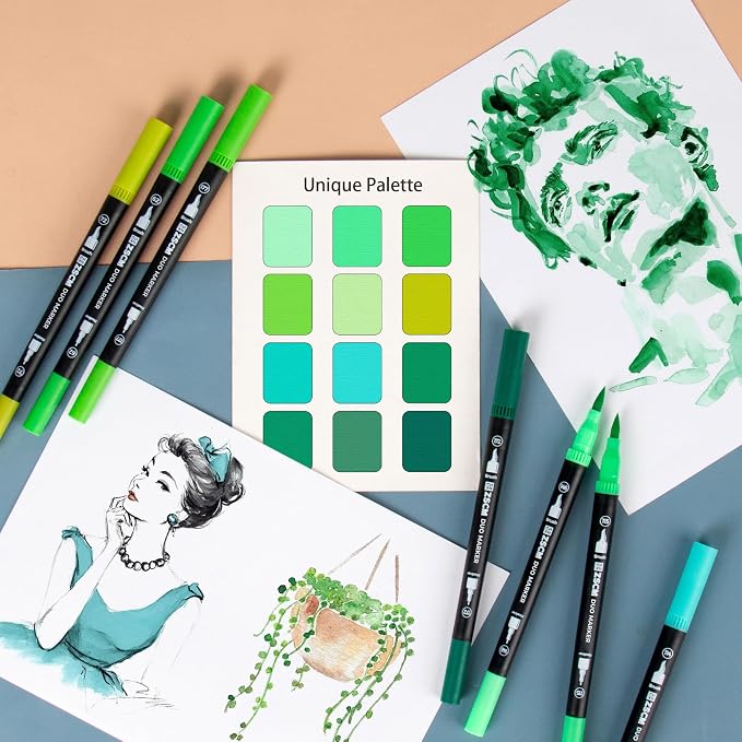 Green Duo Tip Marker Pens, 12 Pack Fine & Brush Markers - Image 5