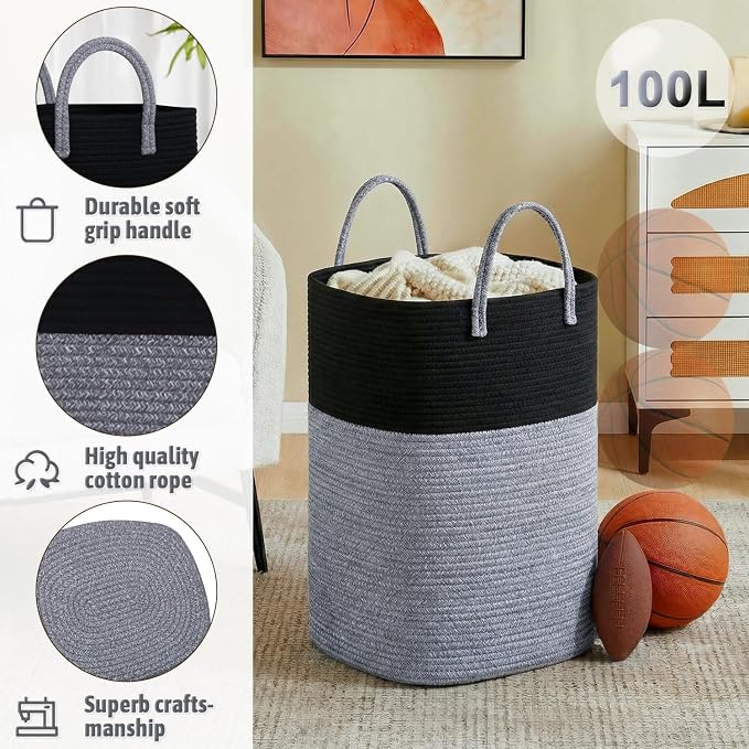 Laundry Basket, Woven Cotton Rope Laundry Hamper, Versatile Storage - Image 2