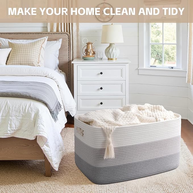 OIAHOMY Large Blanket Basket, 22”x17”x12” Rectangle Woven Baskets, Nursery - Image 4