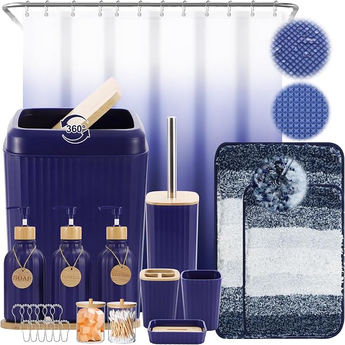 32PCS Bathroom Sets with Shower Curtain and Rugs Navy Blue Shower Curtain Set by BetterbathroomwithXLHOME