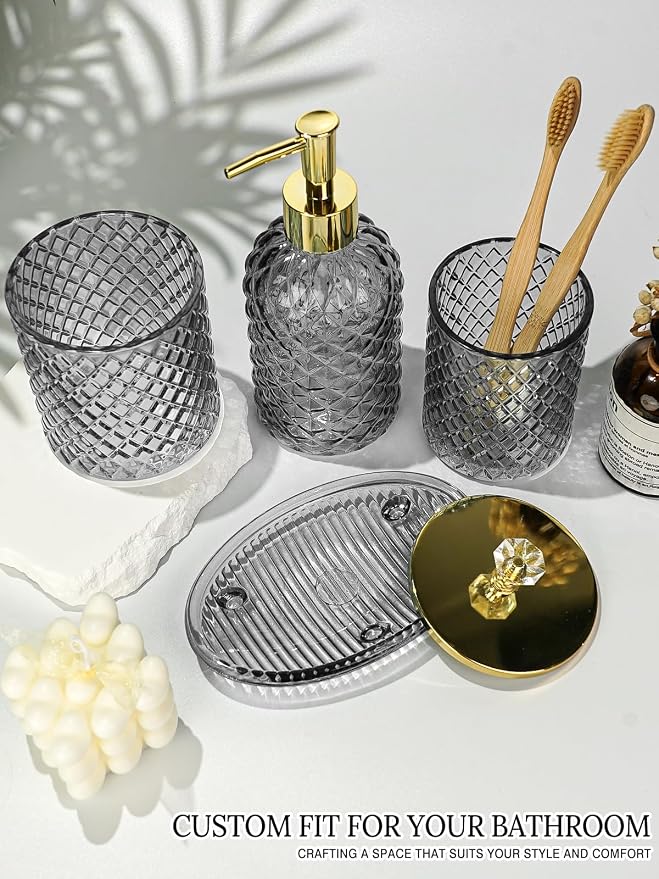 Haturi Gray Glass Bathroom Accessories Set, 4-Piece - Image 2