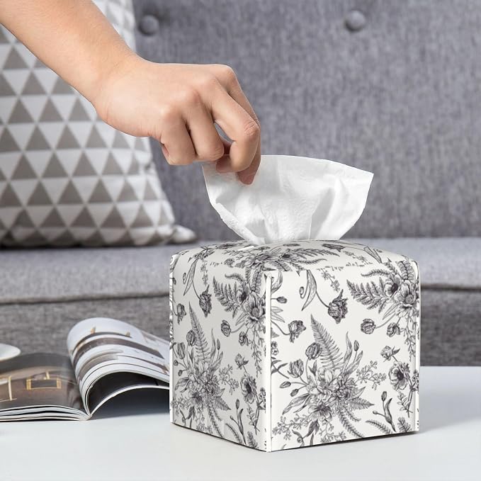 Black and White Flowers Tissue Box Cover Square, Vintage Floral Plant Leaves - Image 6