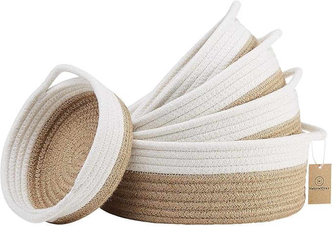 NaturalCozy 5-Piece Round Small Woven Baskets Set– Cotton Rope Baskets by NaturalCozy