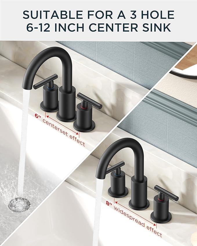 FORIOUS Black Bathroom Faucet 3 Hole, 8 Inch Matte Black Bathroom Sink Faucet - Image 6