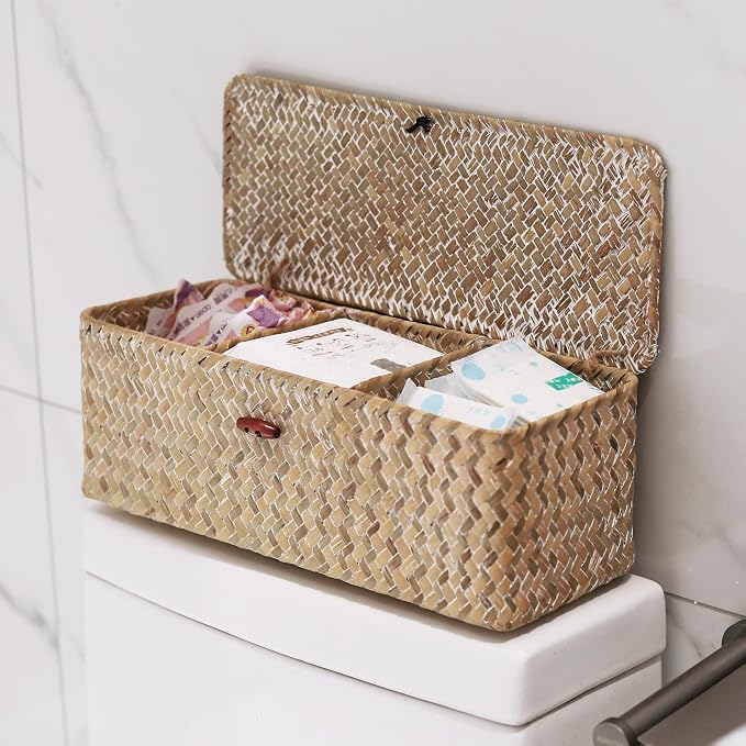 Seagrass Storage Basket with Lid Rectangular Small Woven Shelf Baskets with - Image 8