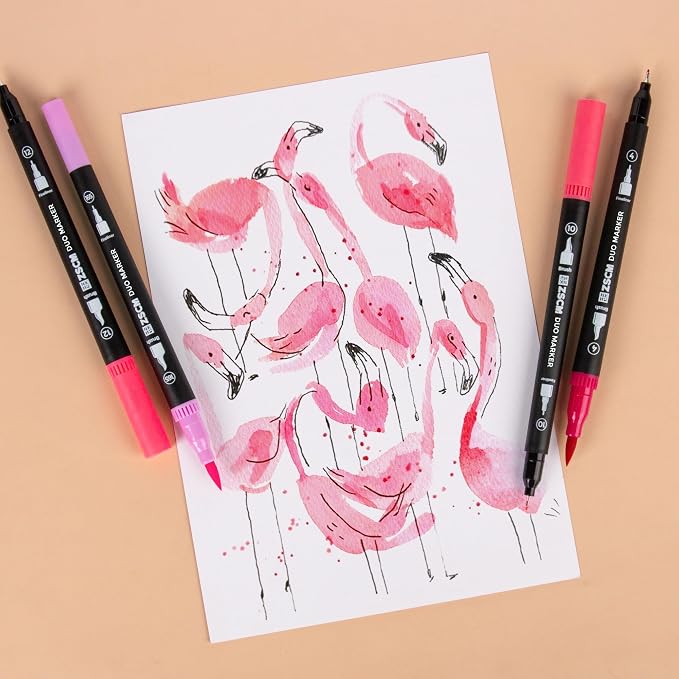 Pink Duo Tip Marker Pens, 12 Pack Fine & Brush Markers - Image 5