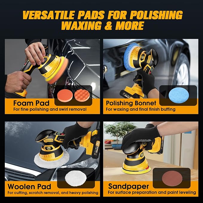 Cordless Car Buffer Polisher kit 6-Speed Orbital Design, LED Display, - Image 6