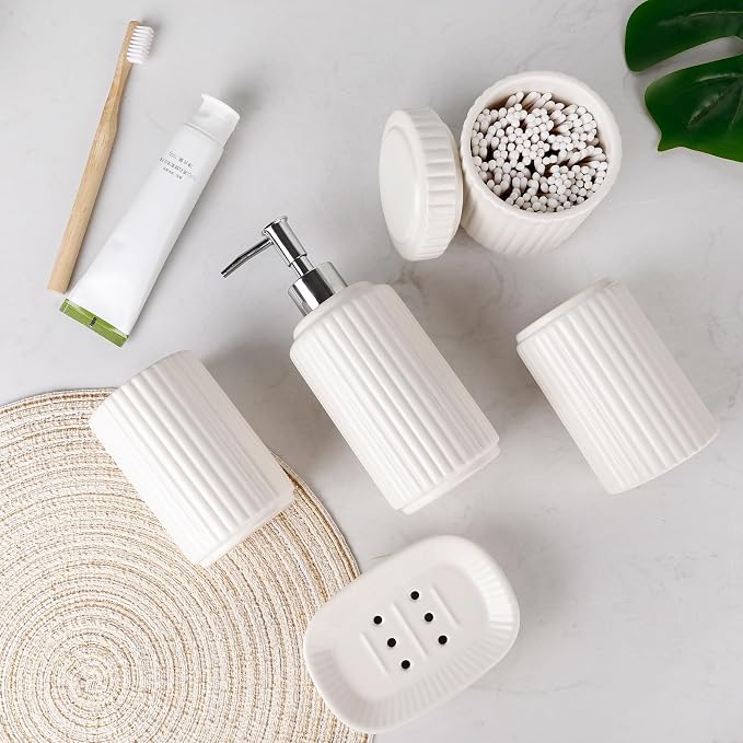 White Bathroom Accessory Set 5PCS, Ceramic Bathroom Accessories Set, Classic - Image 3