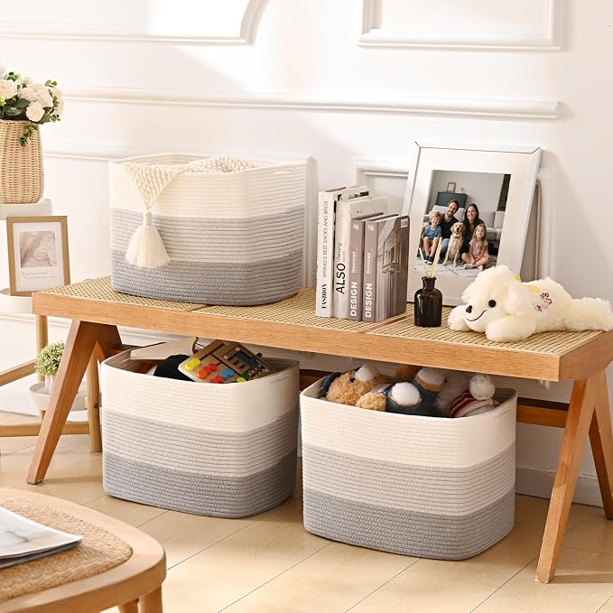 3 Pack Cube Storage Bin, 17”x12”x12” Cotton Rope Woven Baskets - Image 3