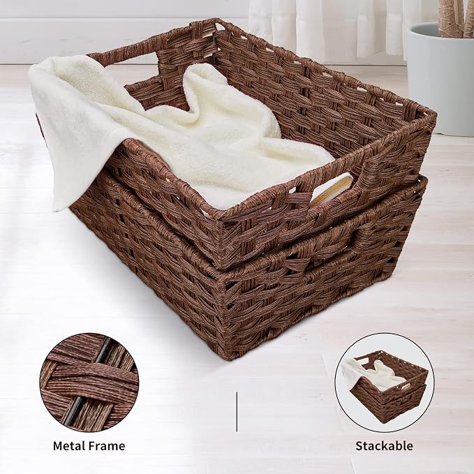 Large Wicker Storage Basket, Metal Frame, Washable Waterproof, Woven Basket - Image 5