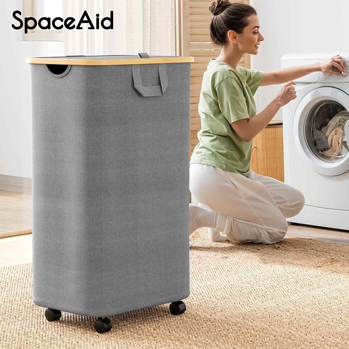 SpaceAid Laundry Hamper with Wheels and Lid, 26 Gal Rolling Clothes Basket with - Image 2