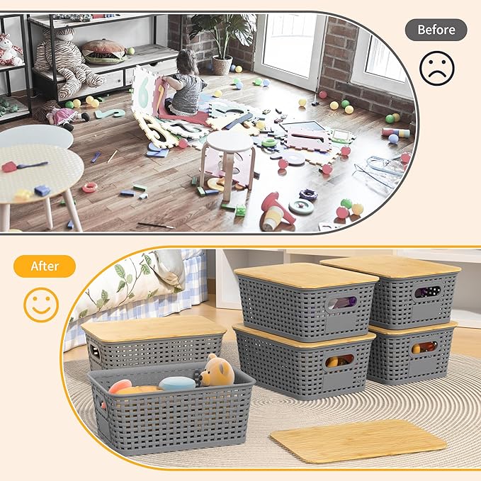 Plastic Storage Baskets with Bamboo Lids and Labels, Stackable Storage - Image 5