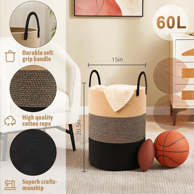 Laundry Basket, Woven Cotton Rope Laundry Hamper, 60L - Image 6
