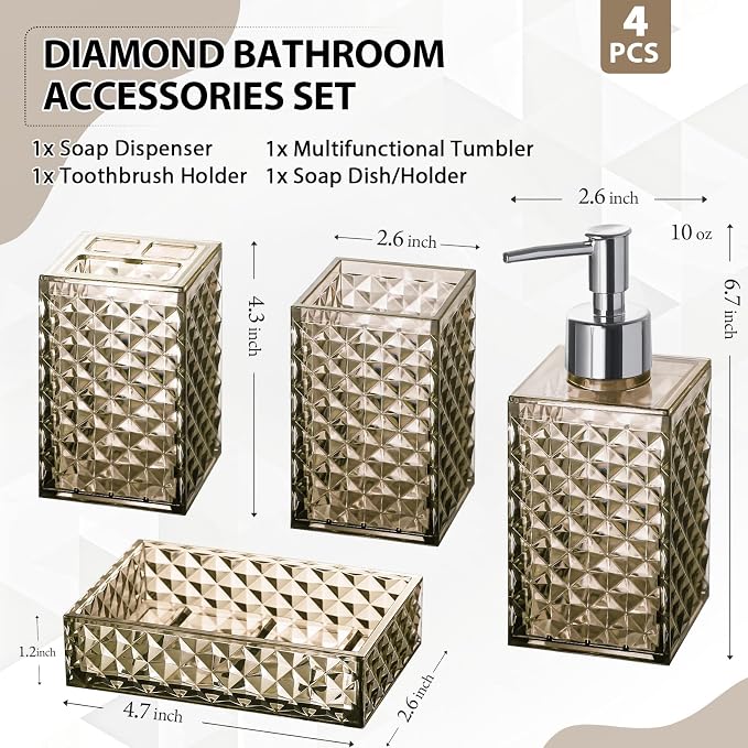 Brown Bathroom Accessories Set, 4 Pack Acrylic Bath Accessory Sets Complete - Image 2