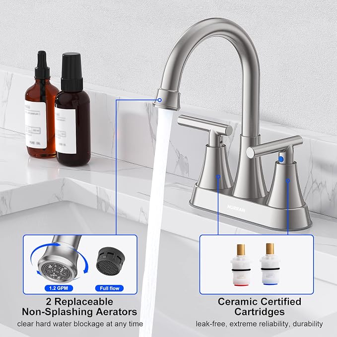 Bathroom Faucets for Sink 3 Hole, Hurran 4 inch Brushed Nickel Bathroom Sink - Image 4