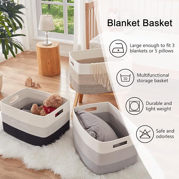 OIAHOMY Large Blanket Basket, 22”x17”x12” Rectangle Woven Baskets, Nursery - Image 6