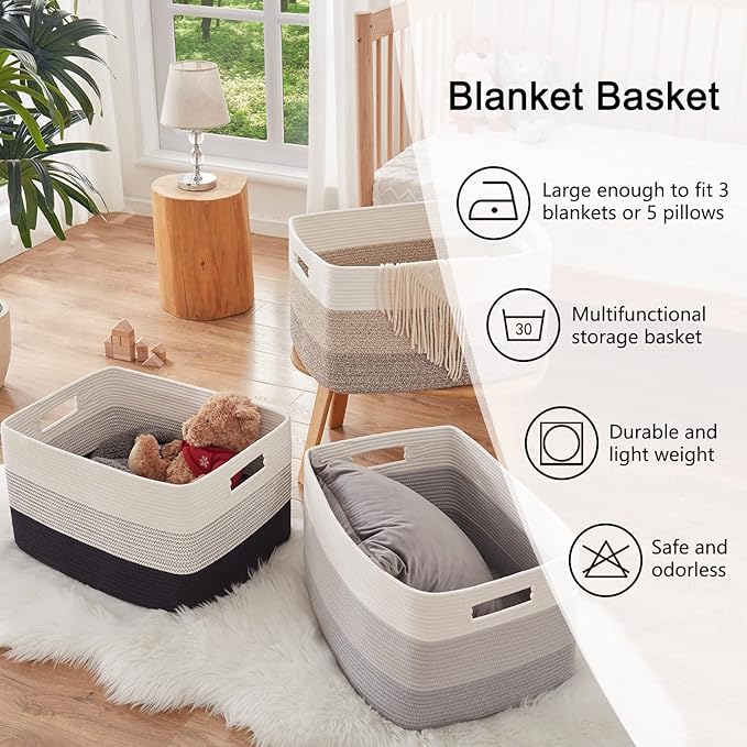 OIAHOMY Large Blanket Basket, 22”x17”x12” Rectangle Woven Baskets, Nursery - Image 6