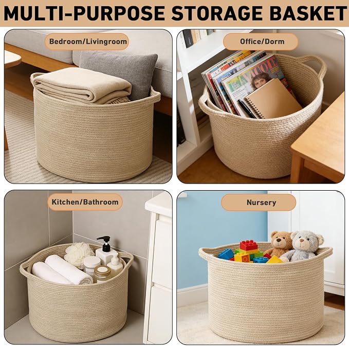 65L Large Blanket Basket, 19.7" L x 19.7" W x 13" H Rope Woven Baskets - Image 5